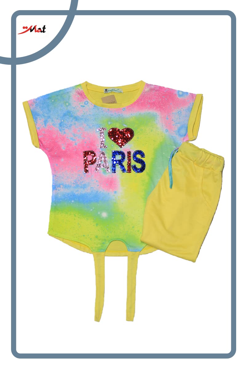تیشرت شلوار دخترانه طرح پاریس زرد سایز 55