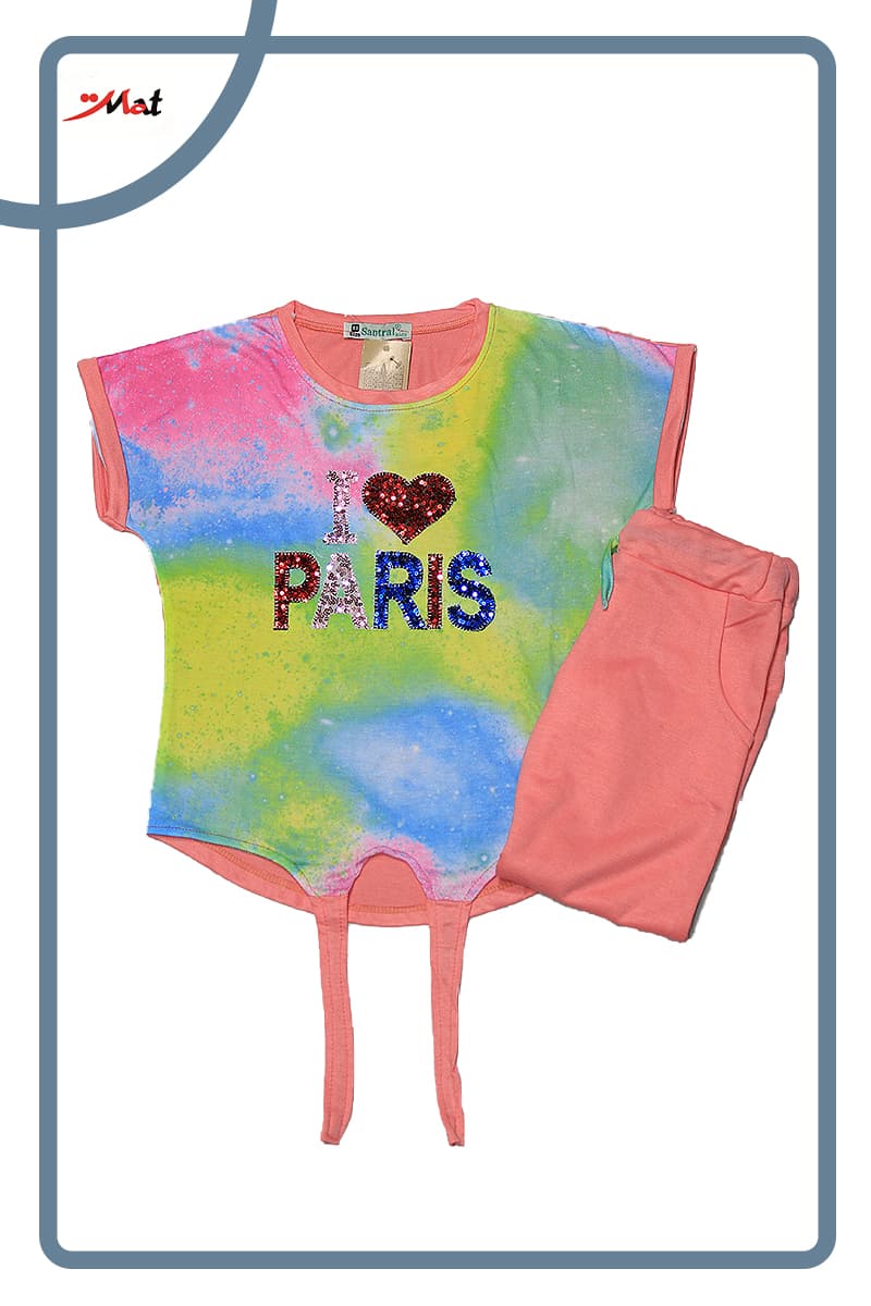 تیشرت شلوار دخترانه طرح پاریس گلبهی سایز 55